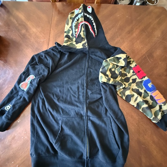 Bape Black Camo Shark Zip-Up Hoodie with Multicolor Lettering
